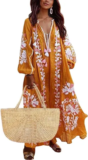 ZOCANIA Womens Long Sleeve Floral Tunic Dress Casual V Neck Tassel Retro Bohemian Maxi Dress Flowy Beach Cover Up Sundress