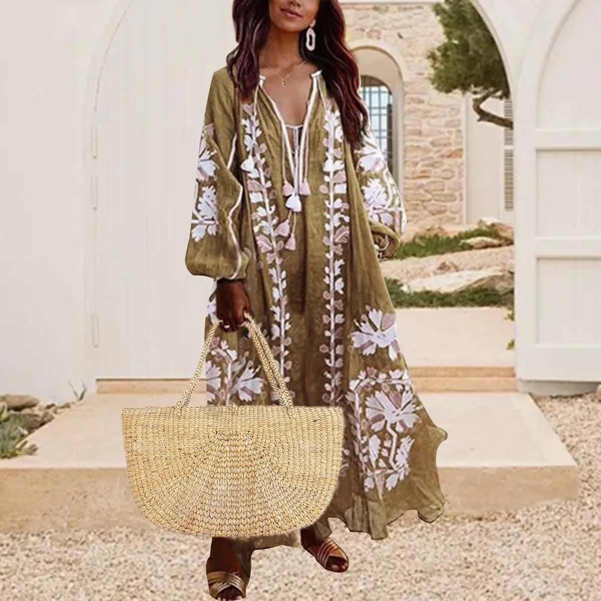 ZOCANIA Womens Long Sleeve Floral Tunic Dress Casual V Neck Tassel Retro Bohemian Maxi Dress Flowy Beach Cover Up Sundress