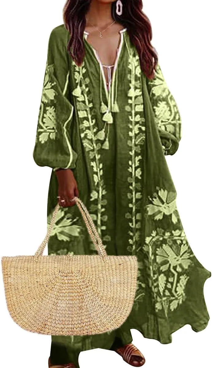 ZOCANIA Womens Long Sleeve Floral Tunic Dress Casual V Neck Tassel Retro Bohemian Maxi Dress Flowy Beach Cover Up Sundress