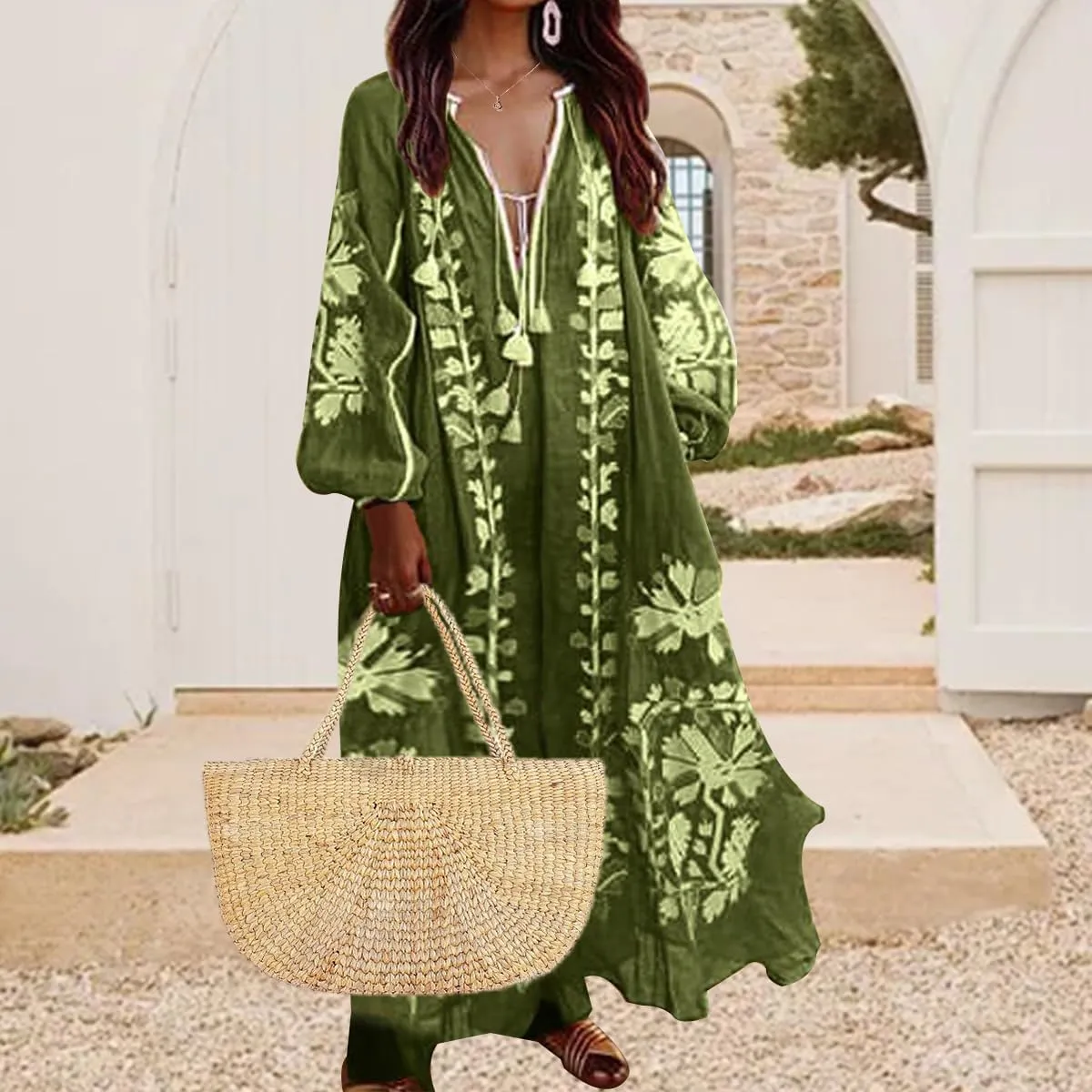 ZOCANIA Womens Long Sleeve Floral Tunic Dress Casual V Neck Tassel Retro Bohemian Maxi Dress Flowy Beach Cover Up Sundress