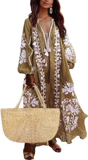 ZOCANIA Womens Long Sleeve Floral Tunic Dress Casual V Neck Tassel Retro Bohemian Maxi Dress Flowy Beach Cover Up Sundress