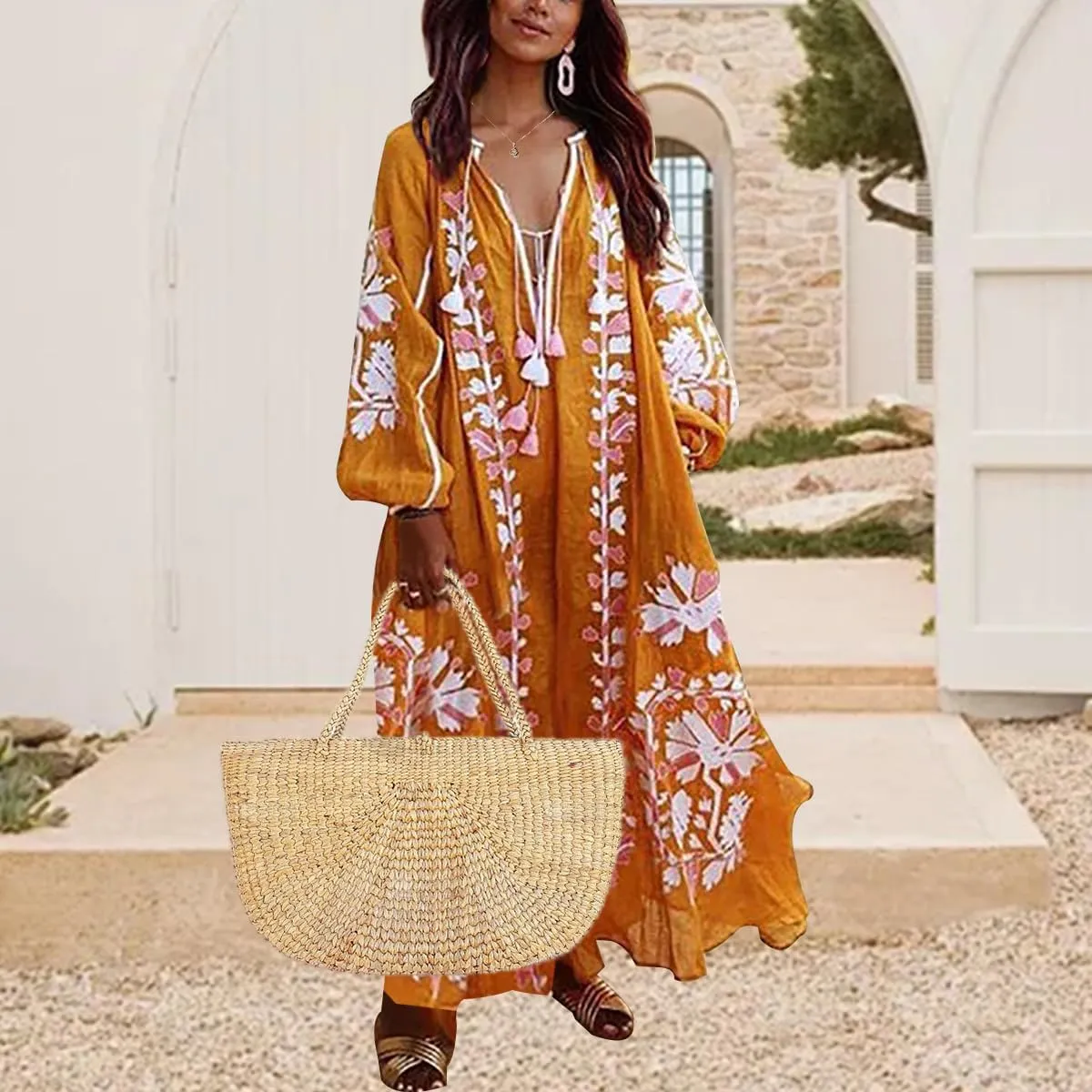 ZOCANIA Womens Long Sleeve Floral Tunic Dress Casual V Neck Tassel Retro Bohemian Maxi Dress Flowy Beach Cover Up Sundress