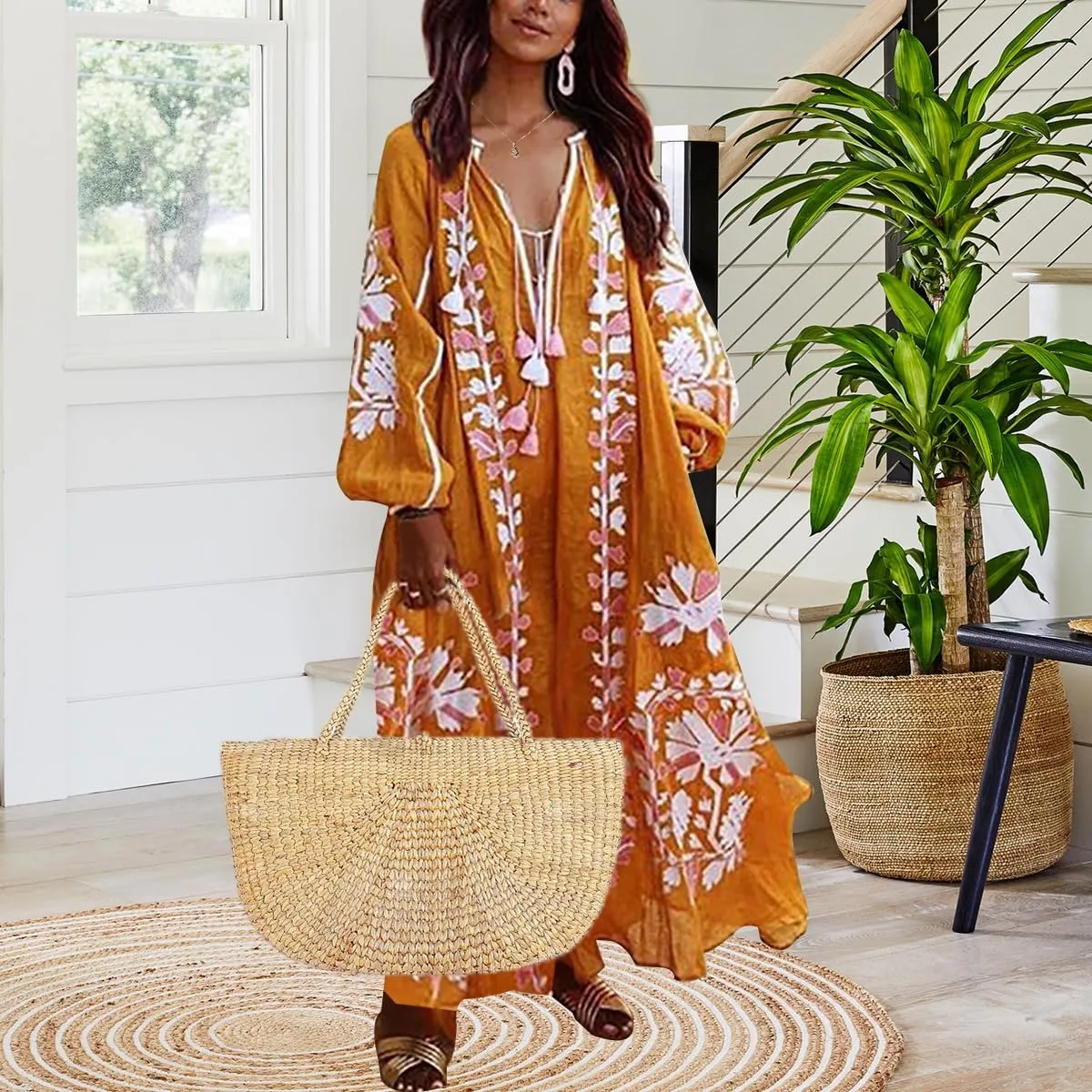 ZOCANIA Womens Long Sleeve Floral Tunic Dress Casual V Neck Tassel Retro Bohemian Maxi Dress Flowy Beach Cover Up Sundress