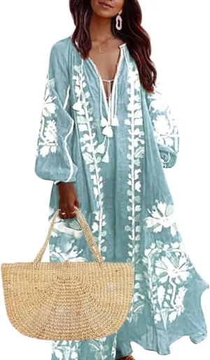 ZOCANIA Womens Long Sleeve Floral Tunic Dress Casual V Neck Tassel Retro Bohemian Maxi Dress Flowy Beach Cover Up Sundress