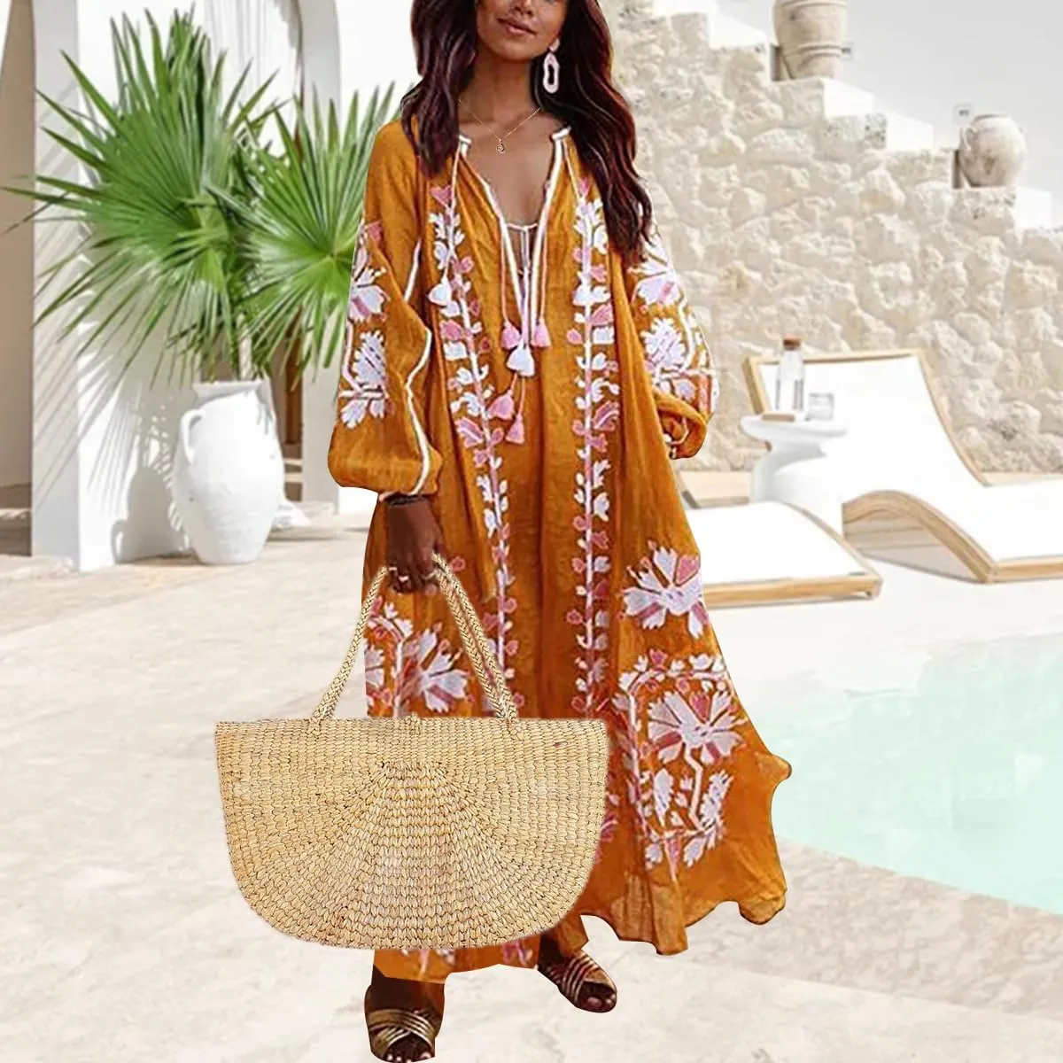 ZOCANIA Womens Long Sleeve Floral Tunic Dress Casual V Neck Tassel Retro Bohemian Maxi Dress Flowy Beach Cover Up Sundress