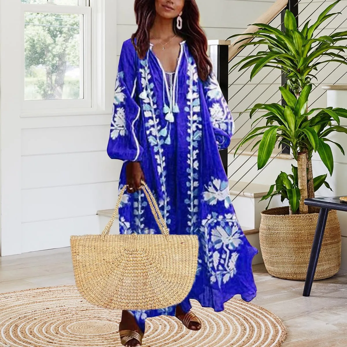 ZOCANIA Womens Long Sleeve Floral Tunic Dress Casual V Neck Tassel Retro Bohemian Maxi Dress Flowy Beach Cover Up Sundress
