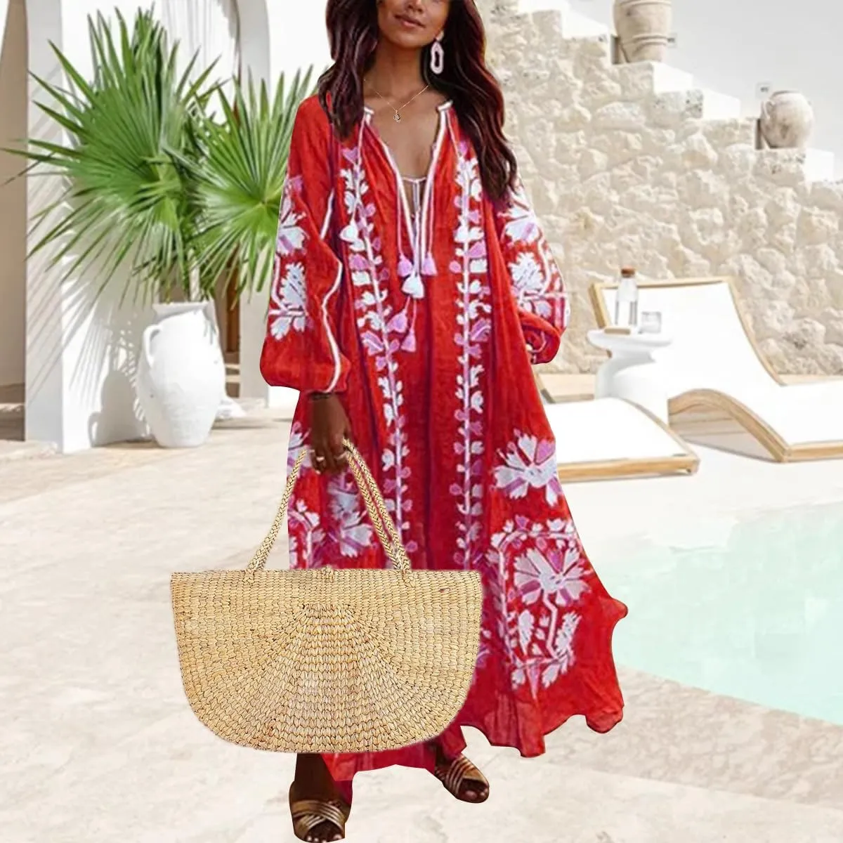 ZOCANIA Womens Long Sleeve Floral Tunic Dress Casual V Neck Tassel Retro Bohemian Maxi Dress Flowy Beach Cover Up Sundress