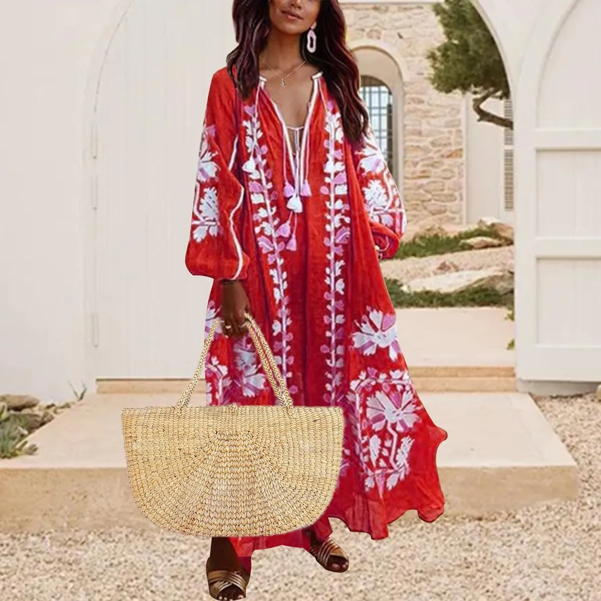 ZOCANIA Womens Long Sleeve Floral Tunic Dress Casual V Neck Tassel Retro Bohemian Maxi Dress Flowy Beach Cover Up Sundress