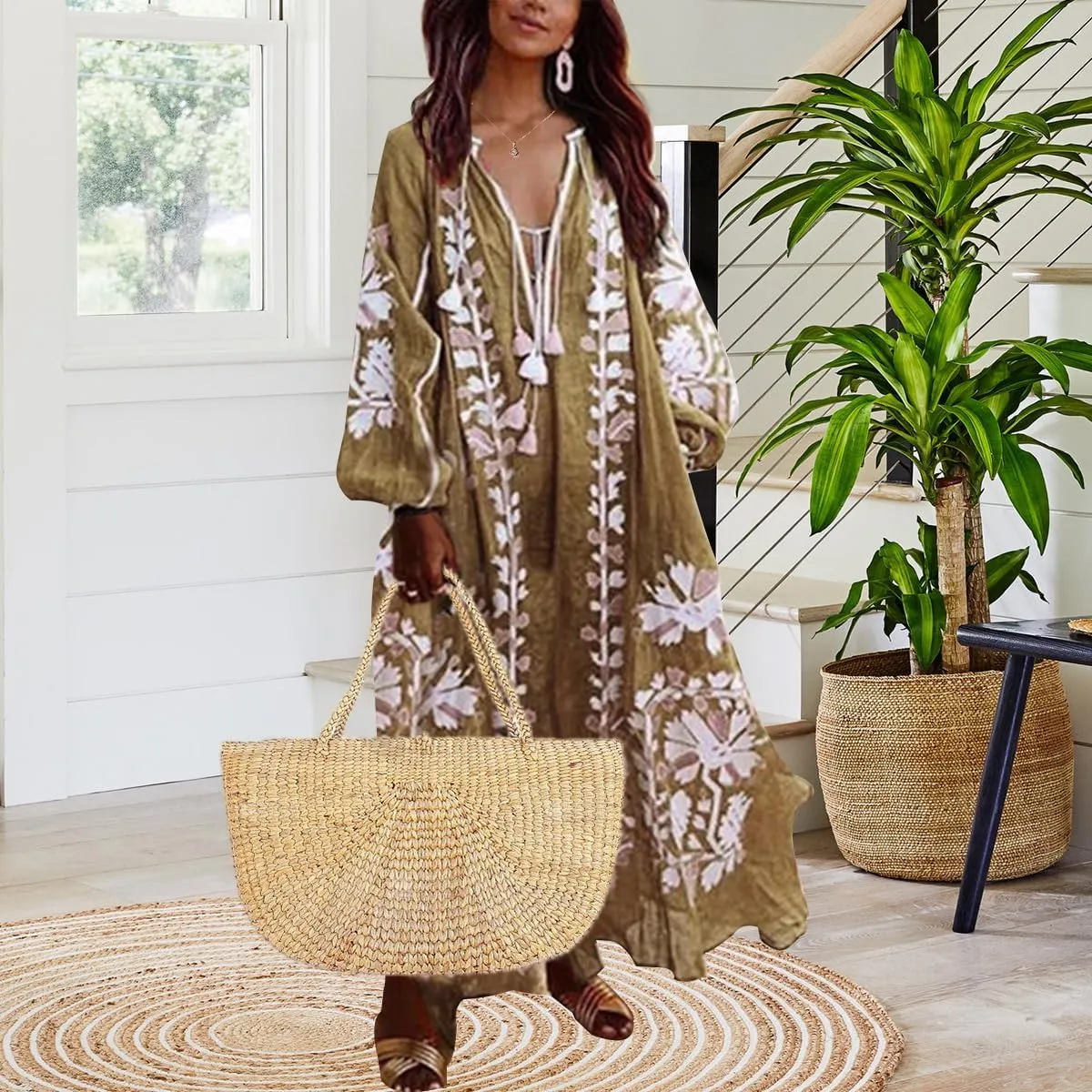 ZOCANIA Womens Long Sleeve Floral Tunic Dress Casual V Neck Tassel Retro Bohemian Maxi Dress Flowy Beach Cover Up Sundress