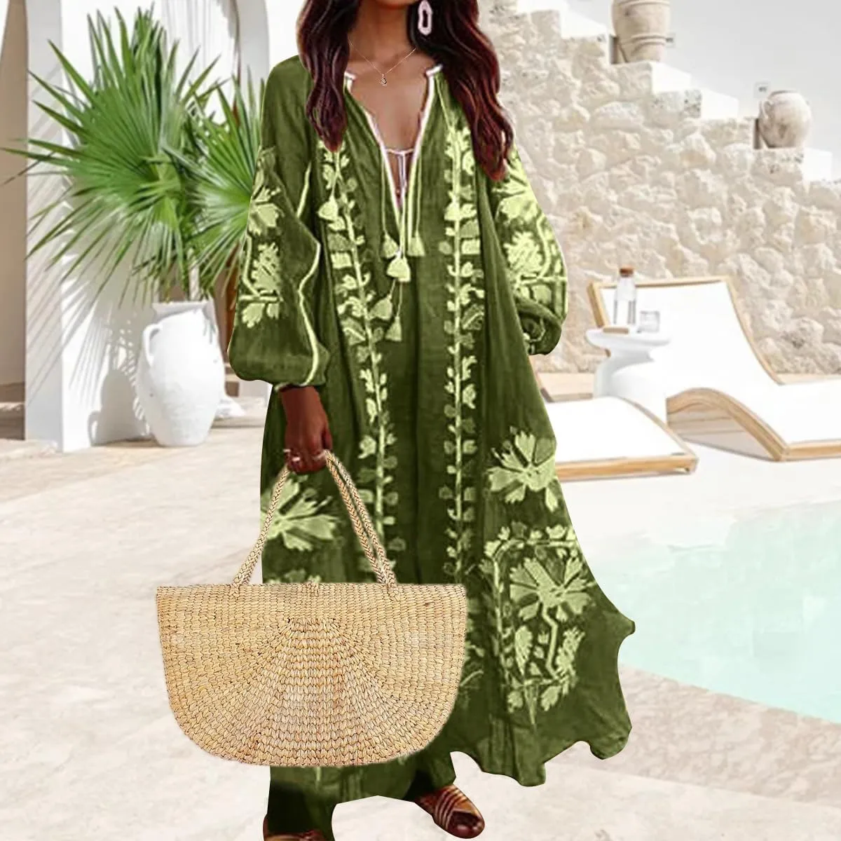ZOCANIA Womens Long Sleeve Floral Tunic Dress Casual V Neck Tassel Retro Bohemian Maxi Dress Flowy Beach Cover Up Sundress