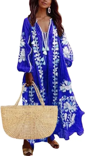 ZOCANIA Womens Long Sleeve Floral Tunic Dress Casual V Neck Tassel Retro Bohemian Maxi Dress Flowy Beach Cover Up Sundress