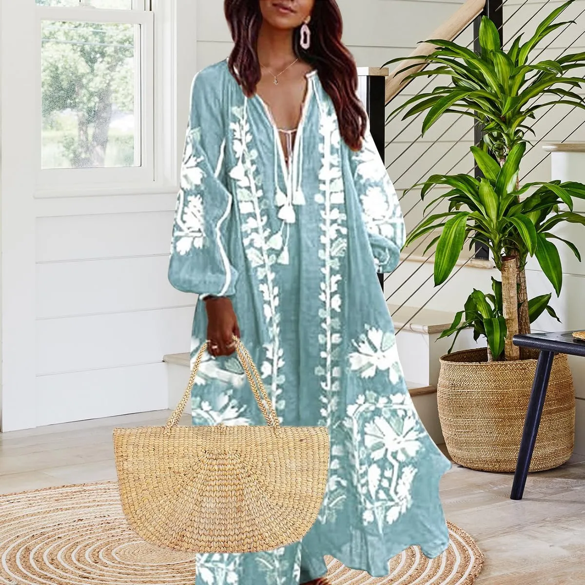 ZOCANIA Womens Long Sleeve Floral Tunic Dress Casual V Neck Tassel Retro Bohemian Maxi Dress Flowy Beach Cover Up Sundress