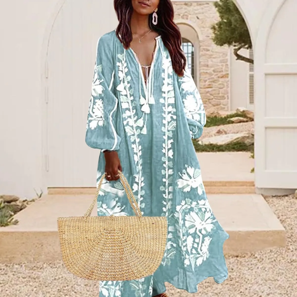 ZOCANIA Womens Long Sleeve Floral Tunic Dress Casual V Neck Tassel Retro Bohemian Maxi Dress Flowy Beach Cover Up Sundress