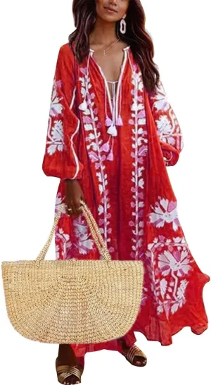 ZOCANIA Womens Long Sleeve Floral Tunic Dress Casual V Neck Tassel Retro Bohemian Maxi Dress Flowy Beach Cover Up Sundress