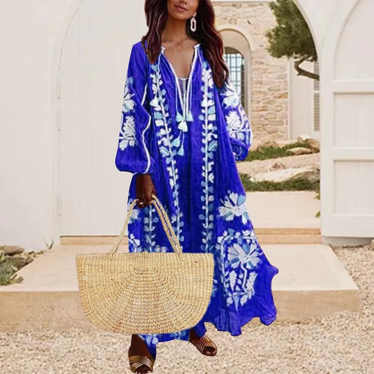 ZOCANIA Womens Long Sleeve Floral Tunic Dress Casual V Neck Tassel Retro Bohemian Maxi Dress Flowy Beach Cover Up Sundress