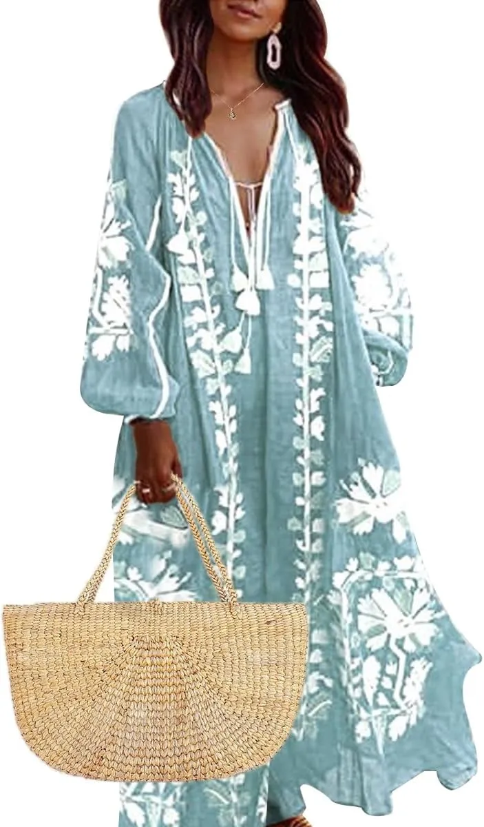 ZOCANIA Womens Long Sleeve Floral Tunic Dress Casual V Neck Tassel Retro Bohemian Maxi Dress Flowy Beach Cover Up Sundress