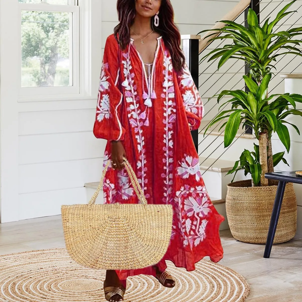 ZOCANIA Womens Long Sleeve Floral Tunic Dress Casual V Neck Tassel Retro Bohemian Maxi Dress Flowy Beach Cover Up Sundress