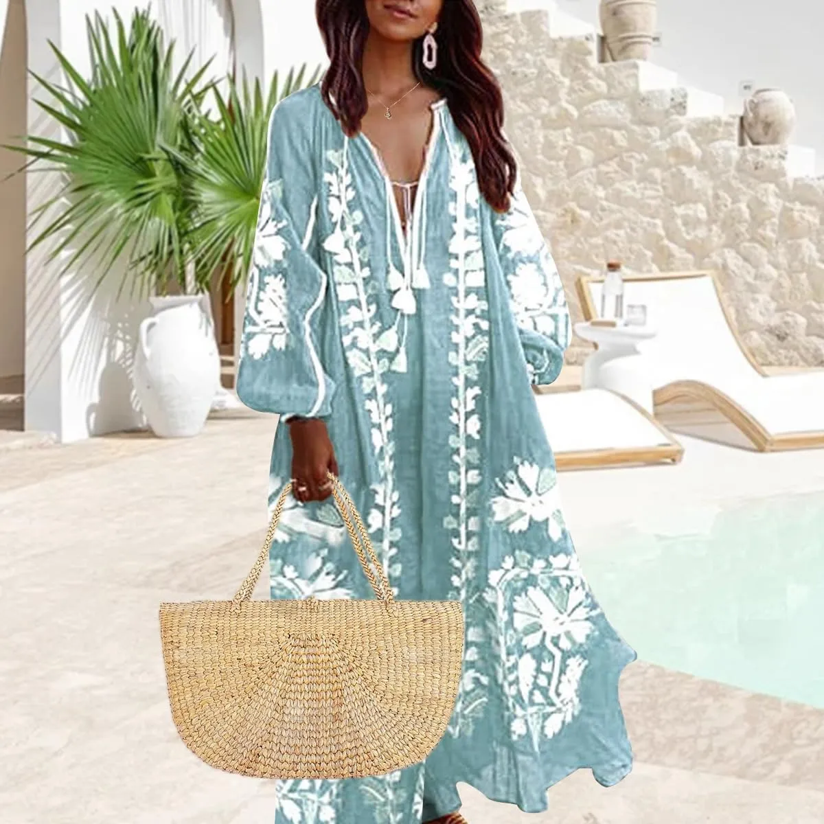 ZOCANIA Womens Long Sleeve Floral Tunic Dress Casual V Neck Tassel Retro Bohemian Maxi Dress Flowy Beach Cover Up Sundress