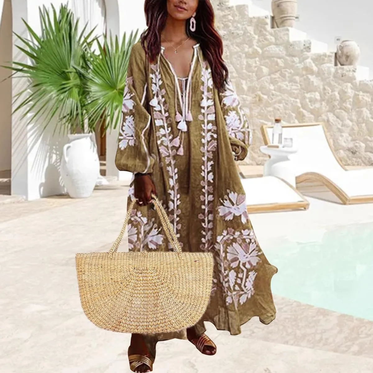 ZOCANIA Womens Long Sleeve Floral Tunic Dress Casual V Neck Tassel Retro Bohemian Maxi Dress Flowy Beach Cover Up Sundress