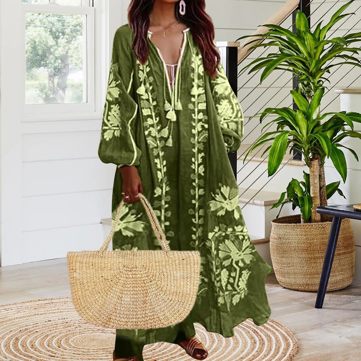 ZOCANIA Womens Long Sleeve Floral Tunic Dress Casual V Neck Tassel Retro Bohemian Maxi Dress Flowy Beach Cover Up Sundress