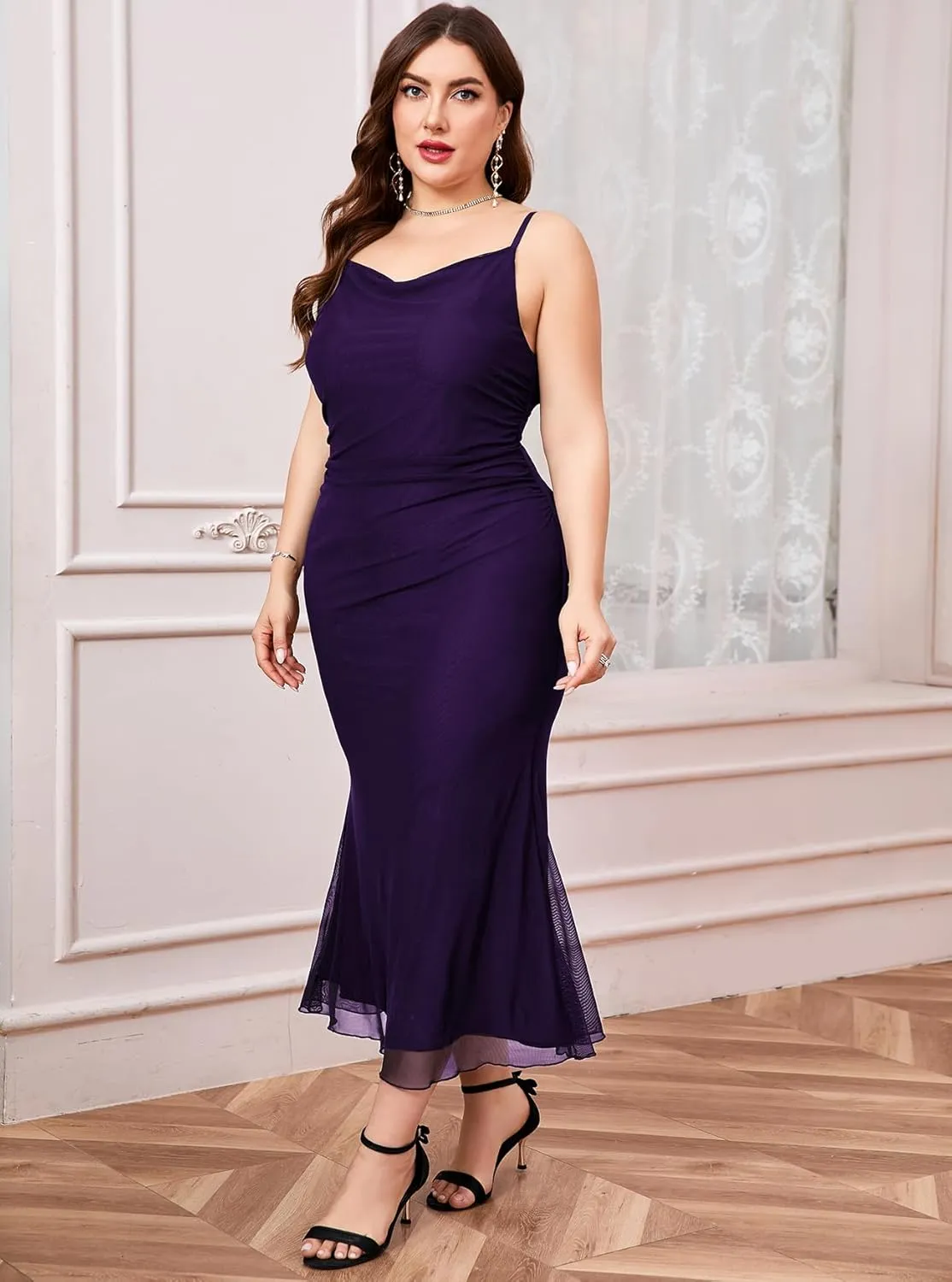 ZOMVA Plus Size Ruched Mesh Dress Mermaid Spaghetti Strap Bodycon Sleeveless Cami Dresses Cocktail Party Wedding Guest