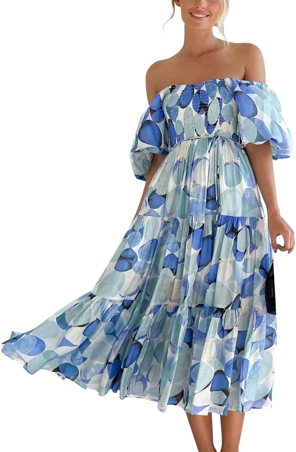 ZYXTIM Womens Off The Shoulder Summer Dresses Floral Printed Short Puff Sleeve Smocked Casual Dress Boho Beach Long Dresses