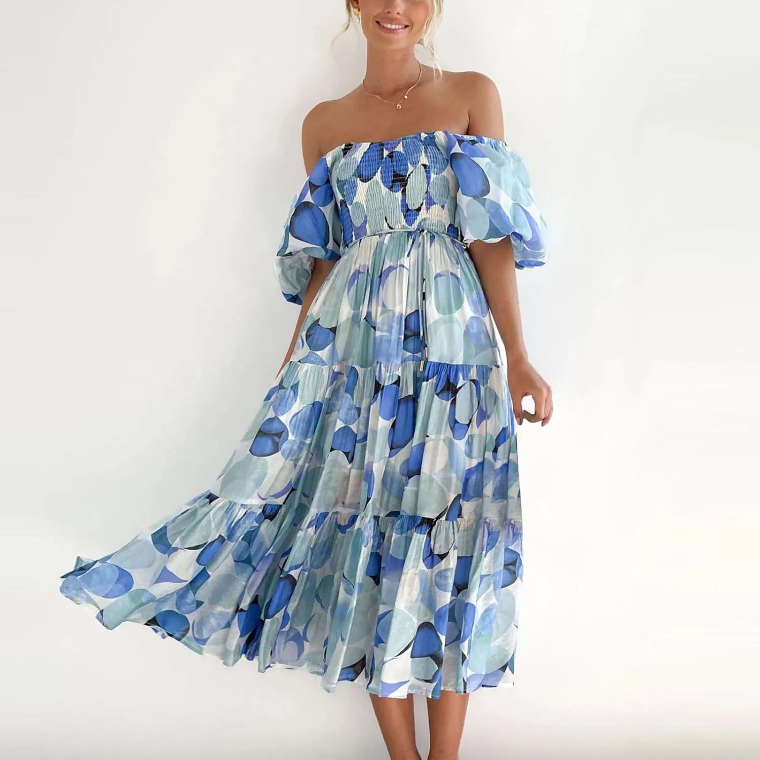 ZYXTIM Womens Off The Shoulder Summer Dresses Floral Printed Short Puff Sleeve Smocked Casual Dress Boho Beach Long Dresses